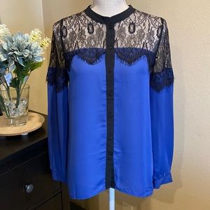 LC Lauren Conrad Lace Blue Button Down Blouse